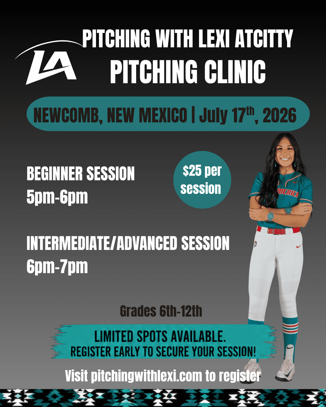 Pitching clinic flyer: Newcomb, New Mexico, July 17, 2026 at Newcomb High School. Beginner session 5–6pm, intermediate/advanced 6–7pm. $25 per session. Grades 6th–12th.